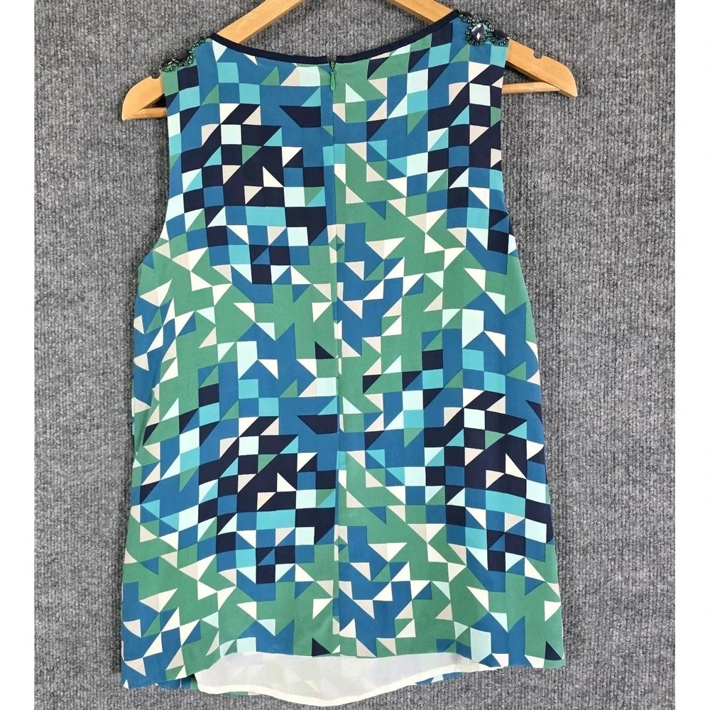 Tory‎ Burch Silk Tank Top 4 Blue Green Geometric Beaded Jewel Sparkle Rhinestone